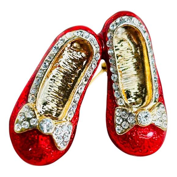 Enamel Ruby Red Slippers Rhinestone Gold Tone Brooch Pin - Picture 1 of 7